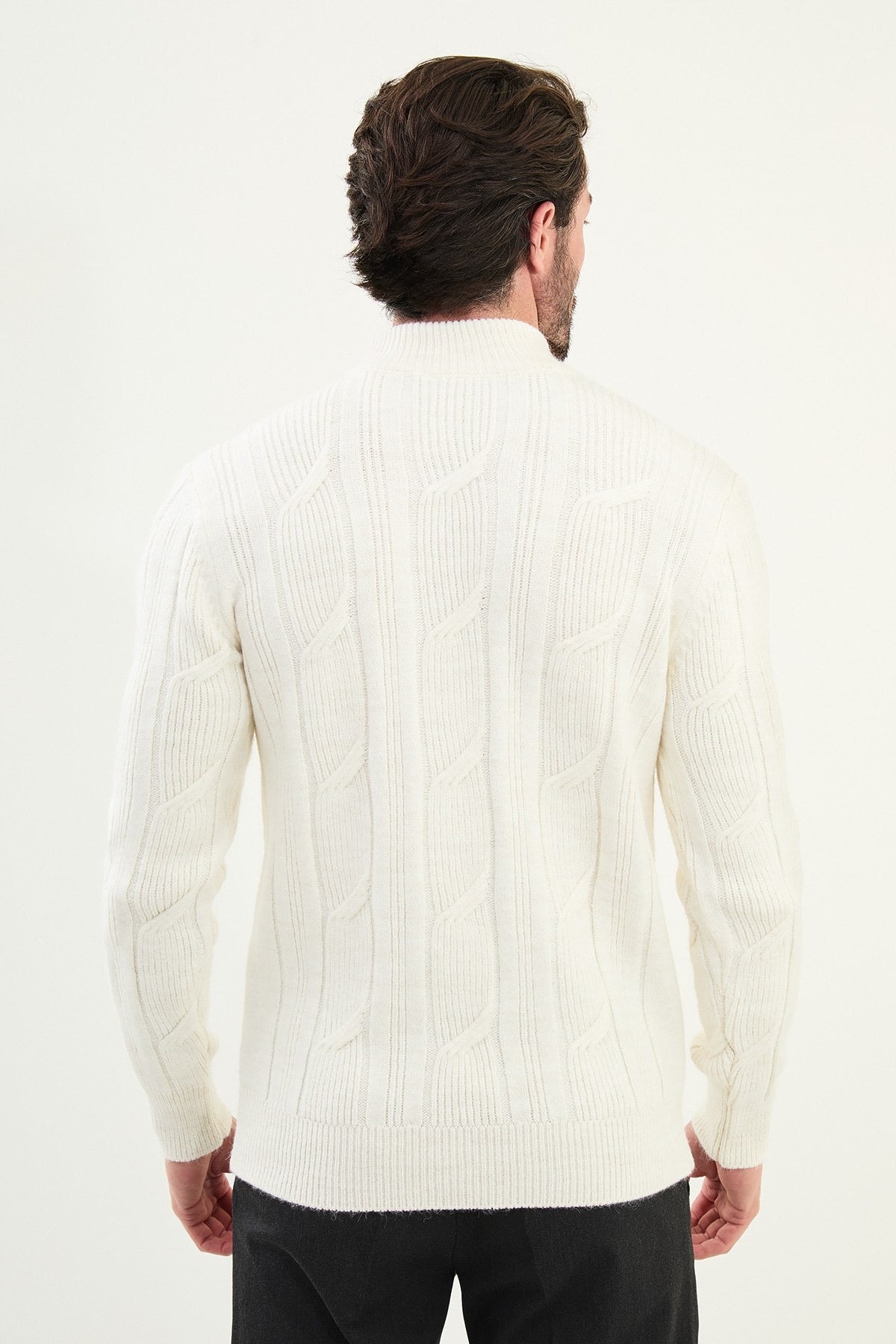 White Cable-Knit High Neck Sweater