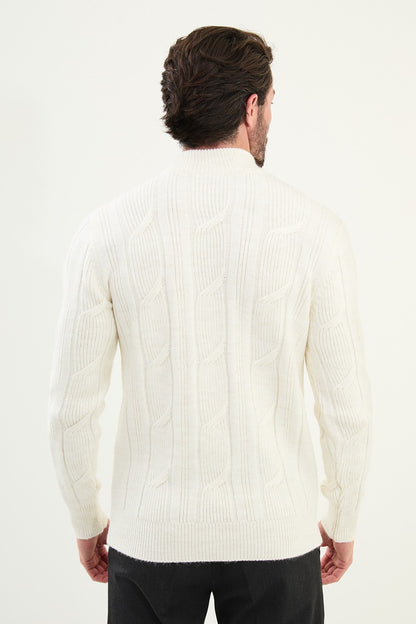 White Cable-Knit High Neck Sweater