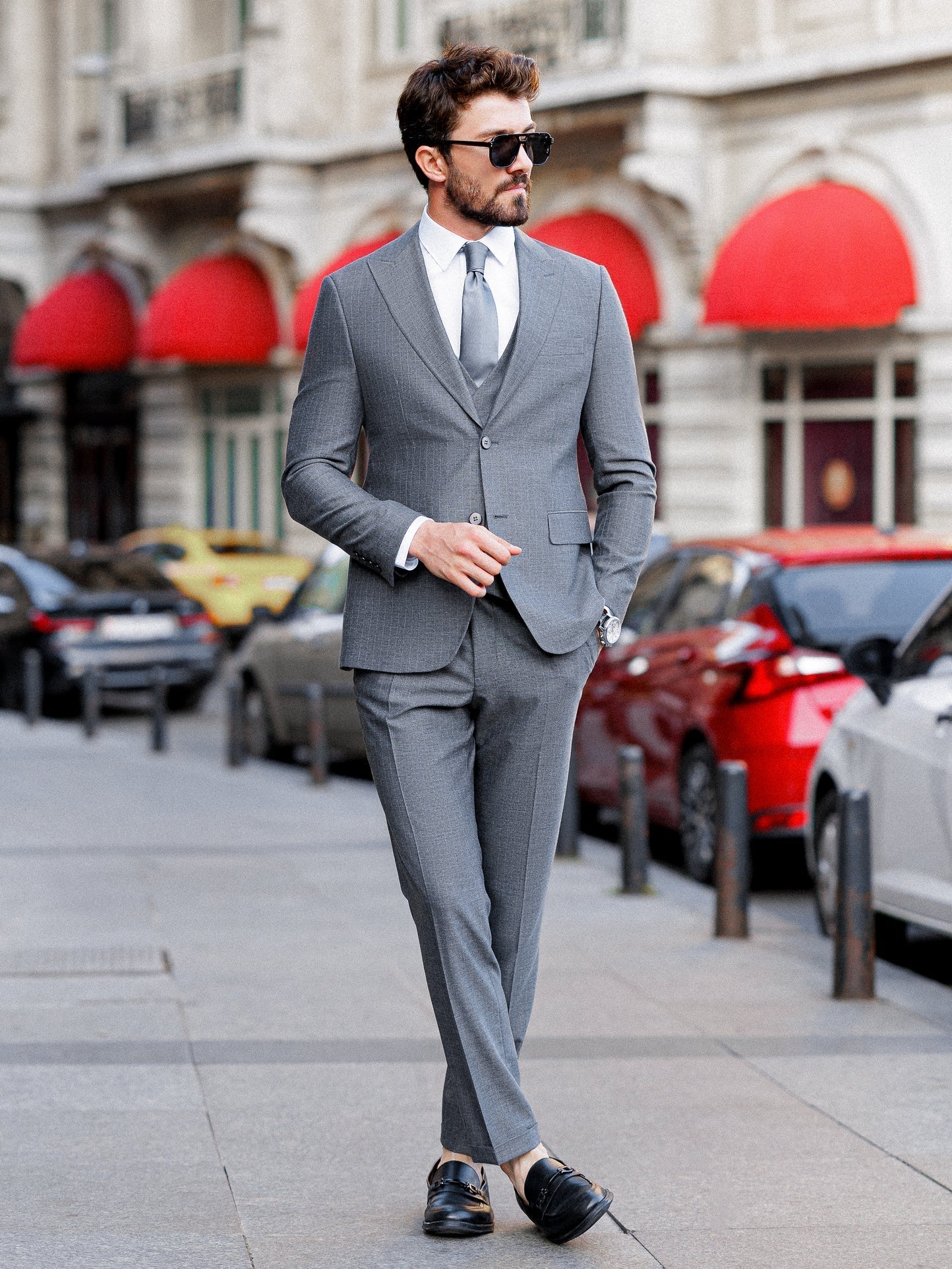 Grey Striped Slim-Fit Suit 3-Piece VIOSSI