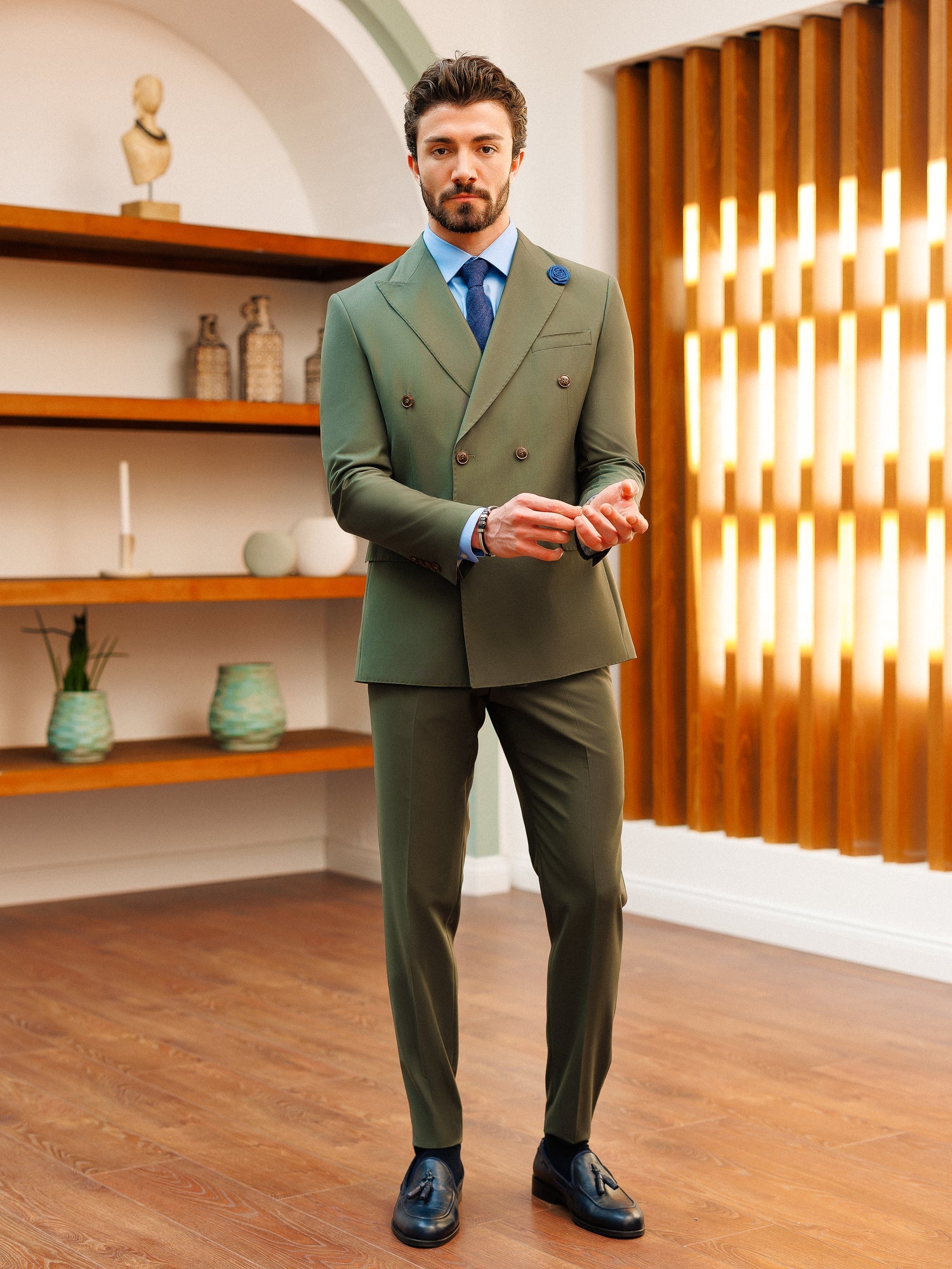 Khaki Double Breasted Suit 2-Piece - BRABION