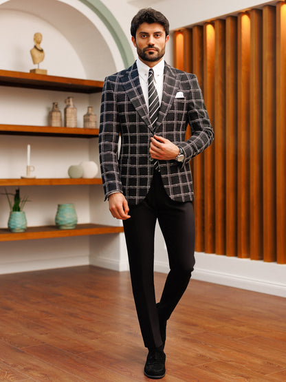 Black Plaid Single Breasted Blazer - BRABION