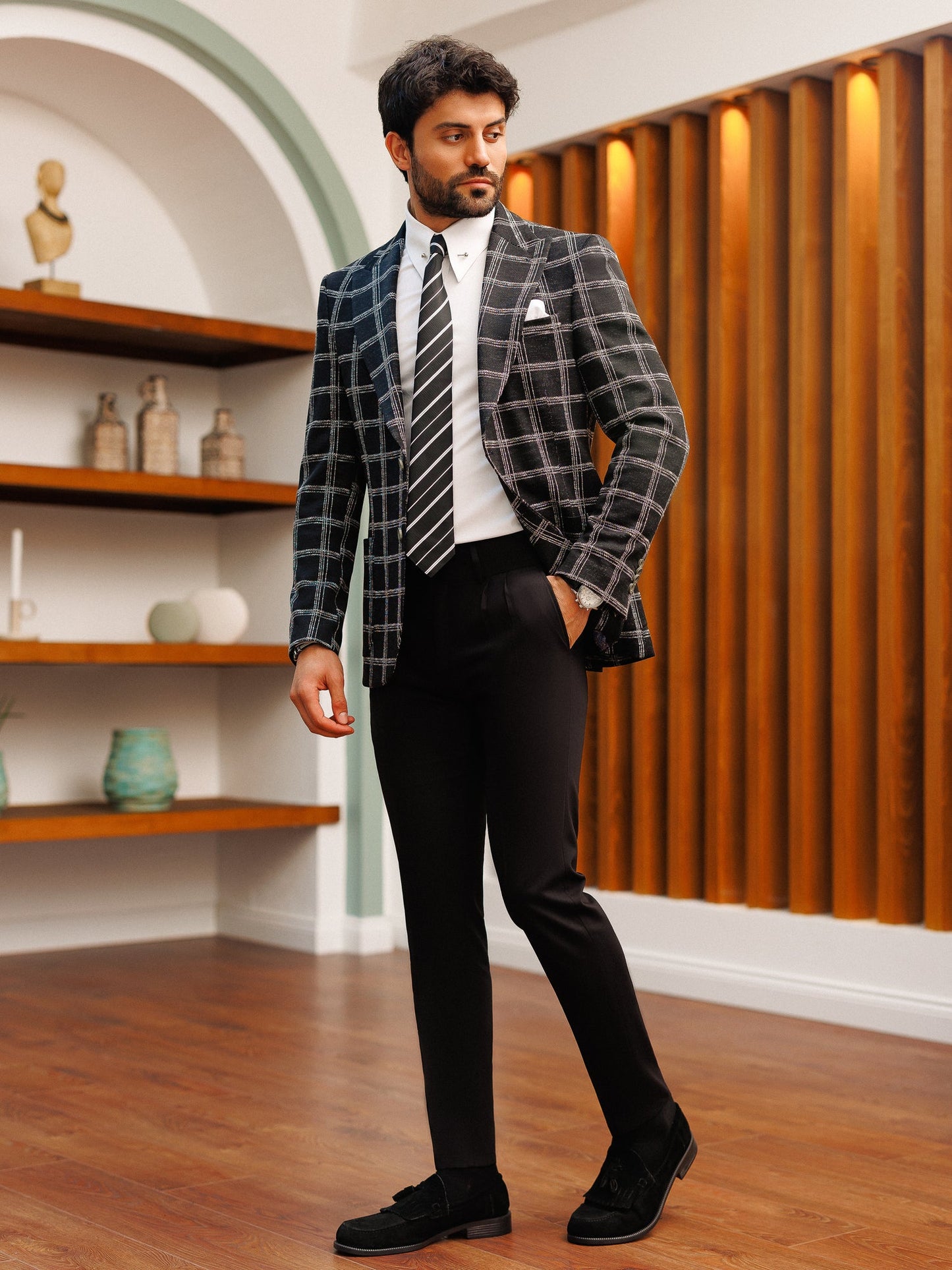 Black Plaid Single Breasted Blazer - BRABION