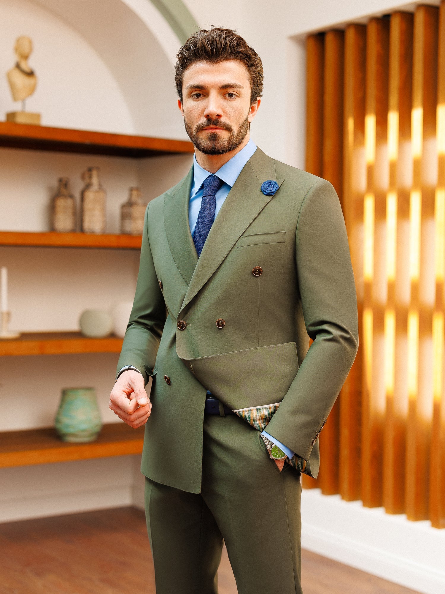 Khaki Double Breasted Suit 2-Piece - BRABION