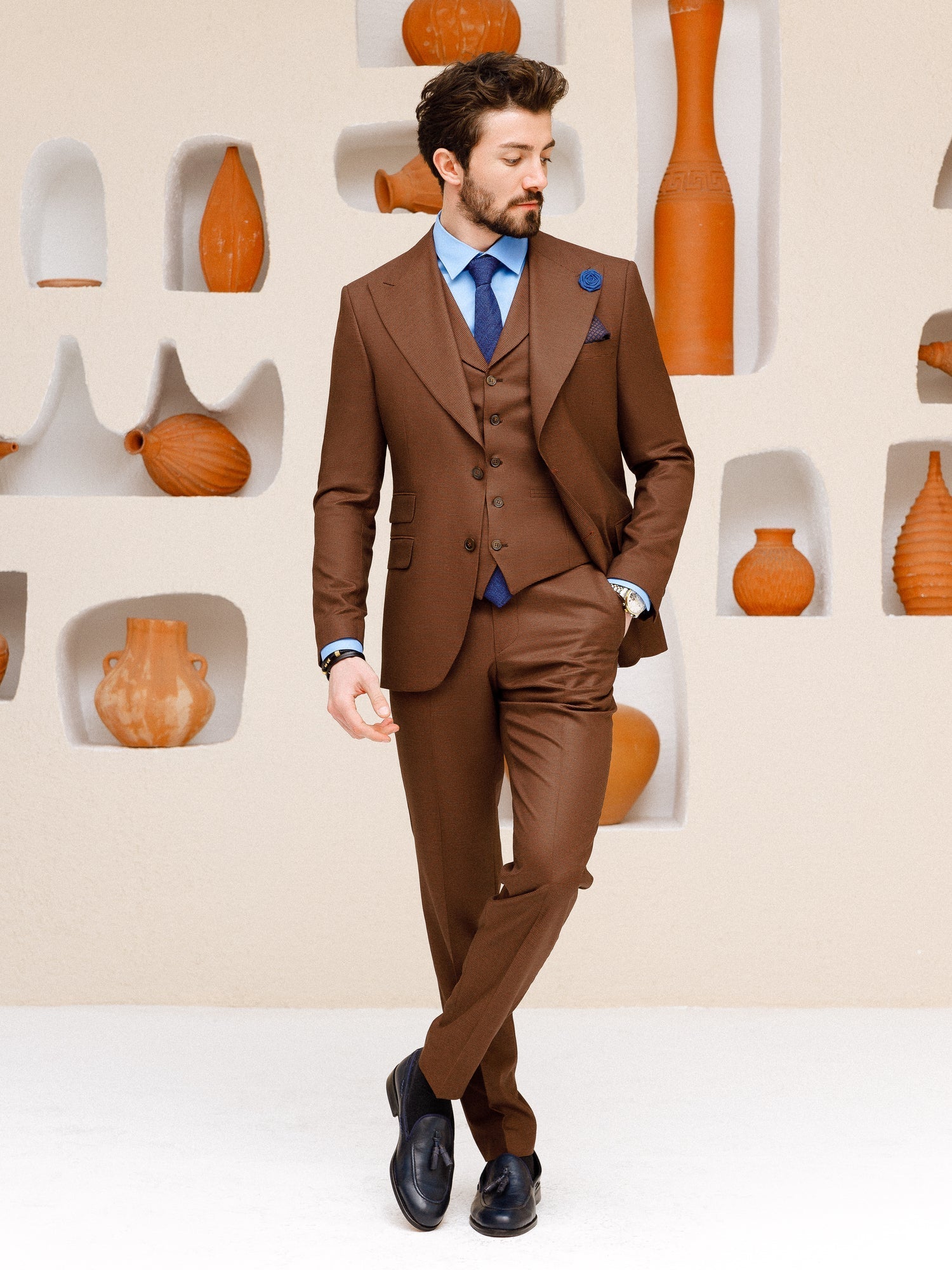 Brown Plaid Slim-Fit Suit 3-Piece VIOSSI