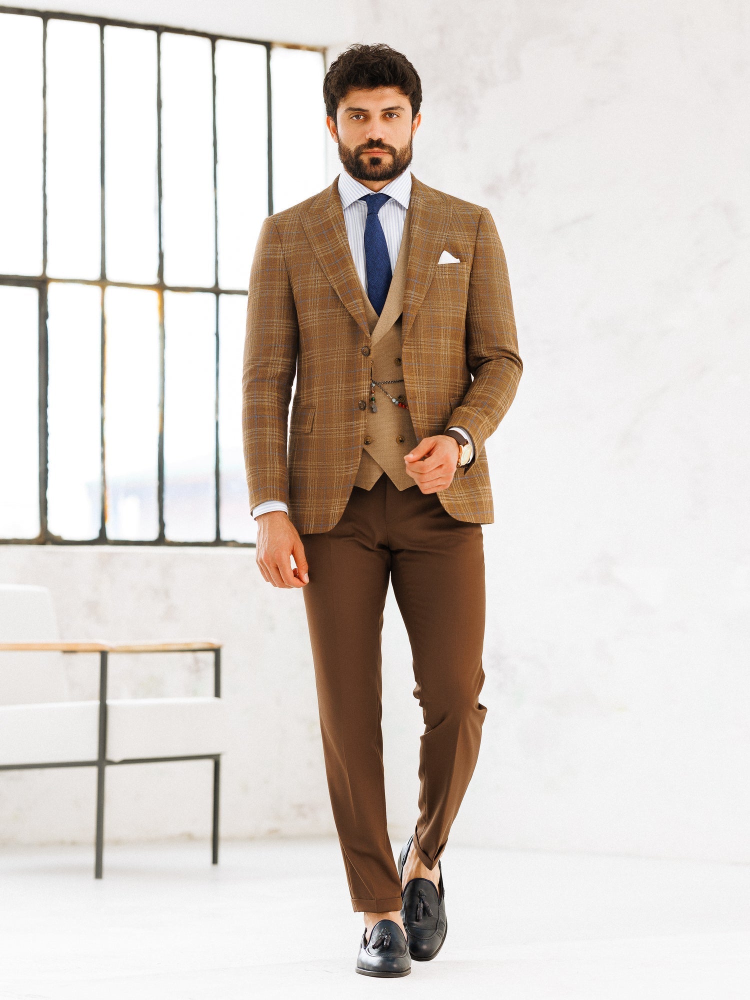 Brown Plaid Slim-Fit Suit 3-Piece VIOSSI