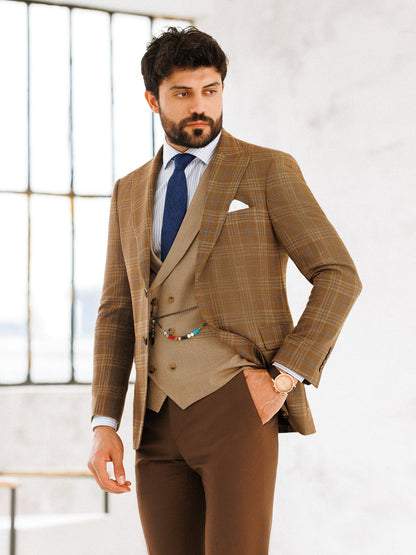 Brown Plaid Slim-Fit Suit 3-Piece VIOSSI