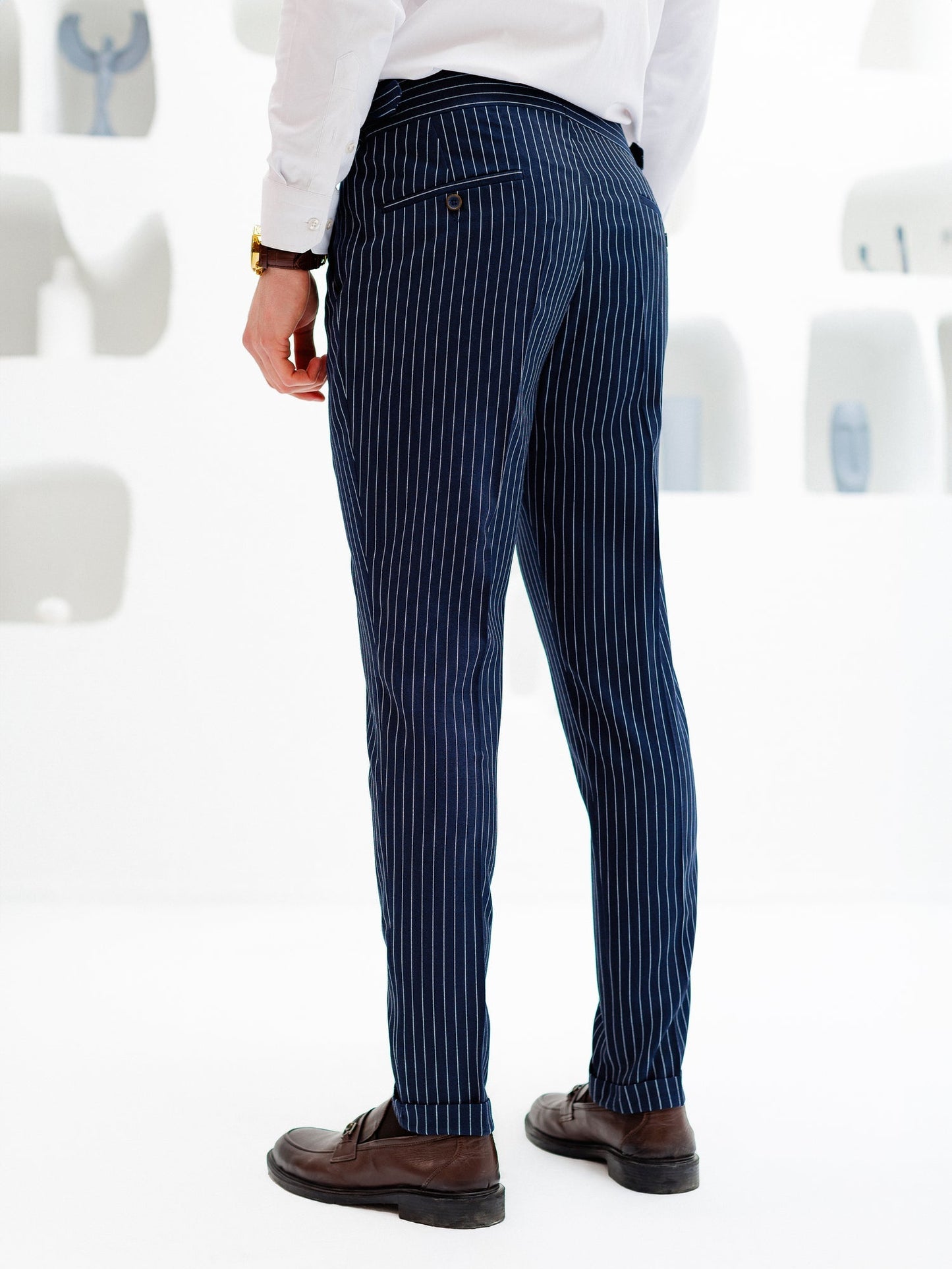Navy Striped High Waist Slim-Fit Pants VIOSSI