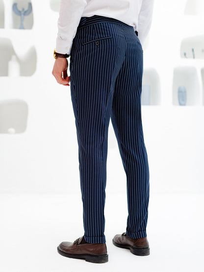 Navy Striped High Waist Slim-Fit Pants VIOSSI