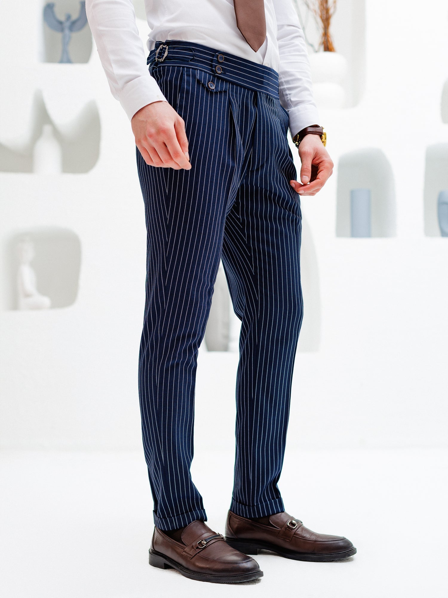 Navy Striped High Waist Slim-Fit Pants VIOSSI