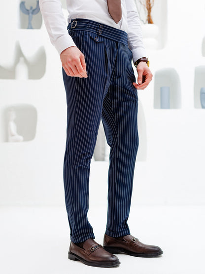 Navy Striped High Waist Slim-Fit Pants VIOSSI