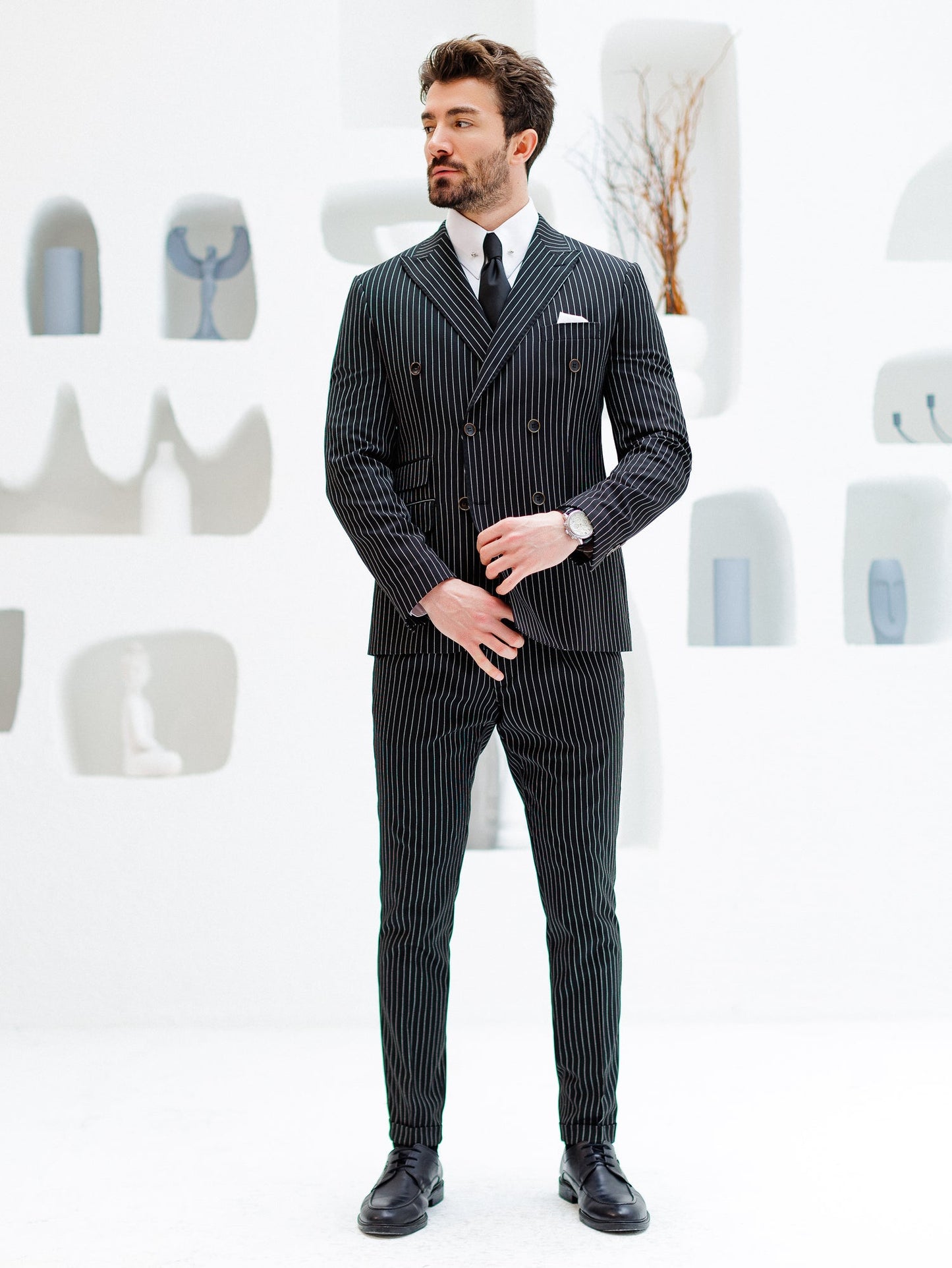 Black Striped Double Breasted Suit 2-Piece VIOSSI