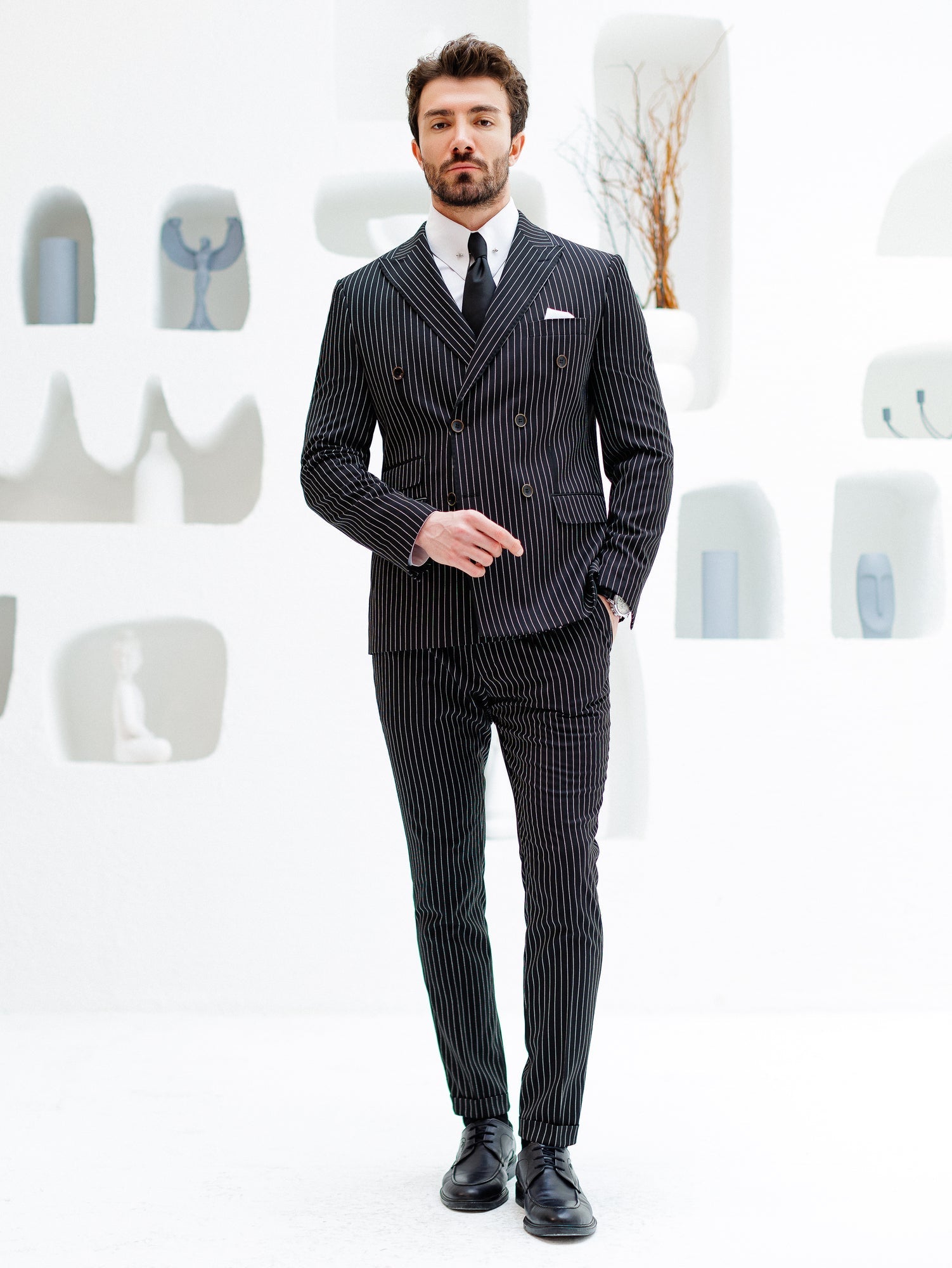 Black Striped Double Breasted Suit 2-Piece VIOSSI