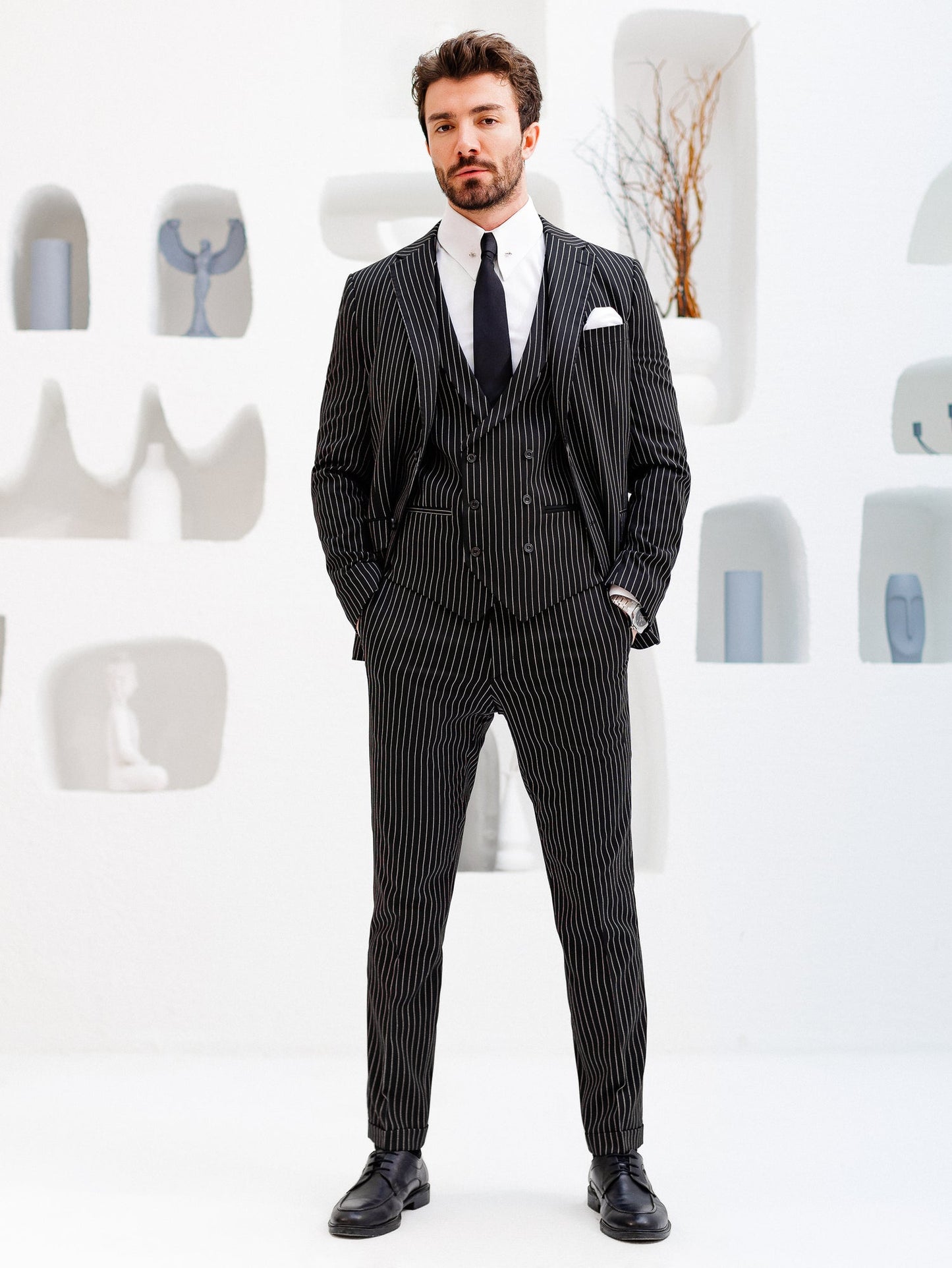 Black Striped Slim-Fit Suit 3-Piece VIOSSI