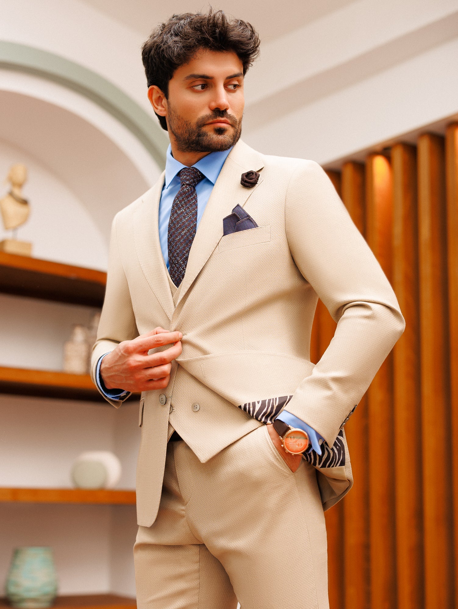 Beige Slim-Fit Suit 3-Piece - BRABION