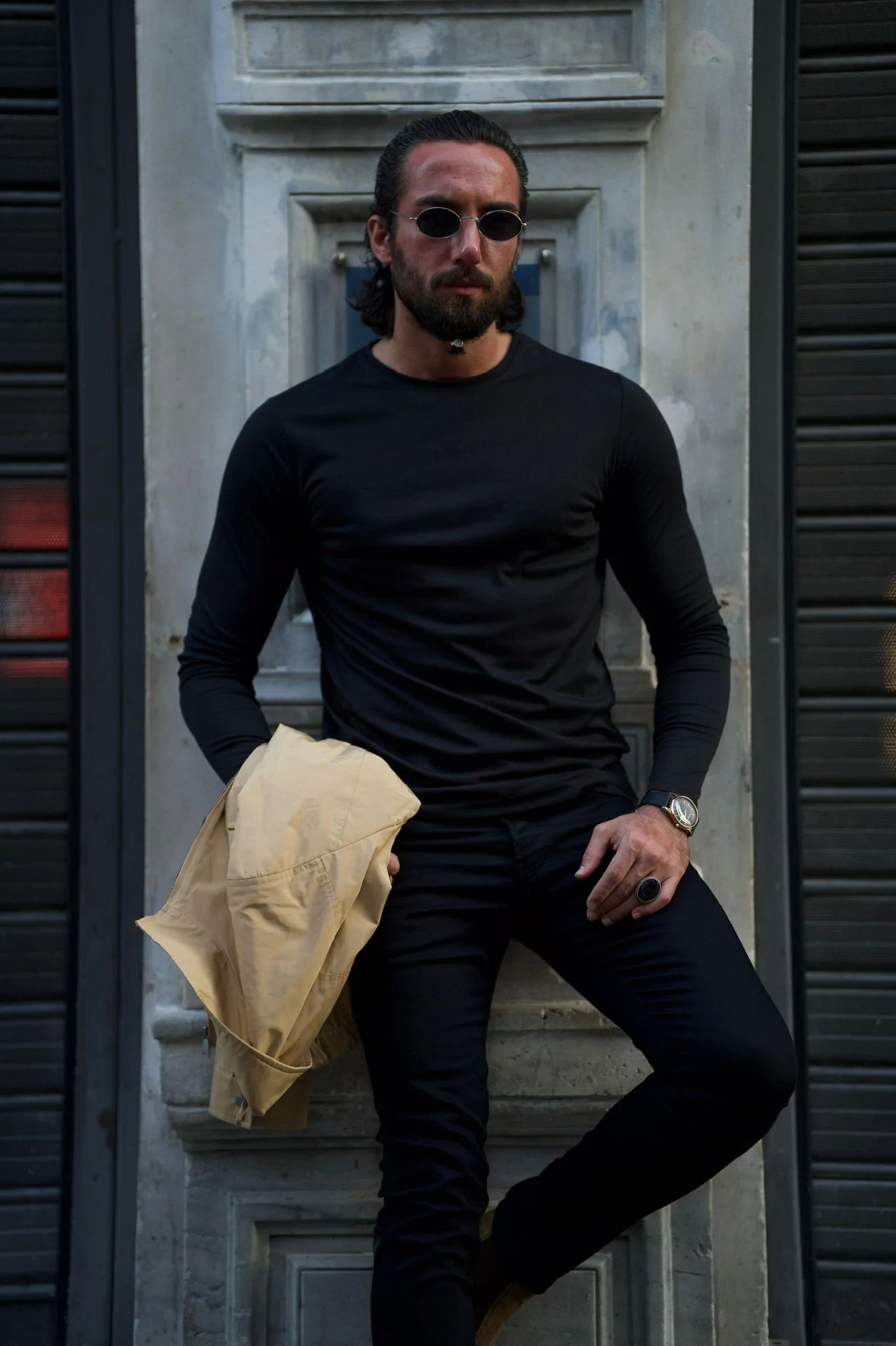 Stefano Slim Fit Custom Design Round Neck Black Sweater