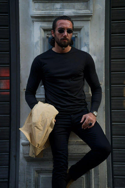 Stefano Slim Fit Custom Design Round Neck Black Sweater