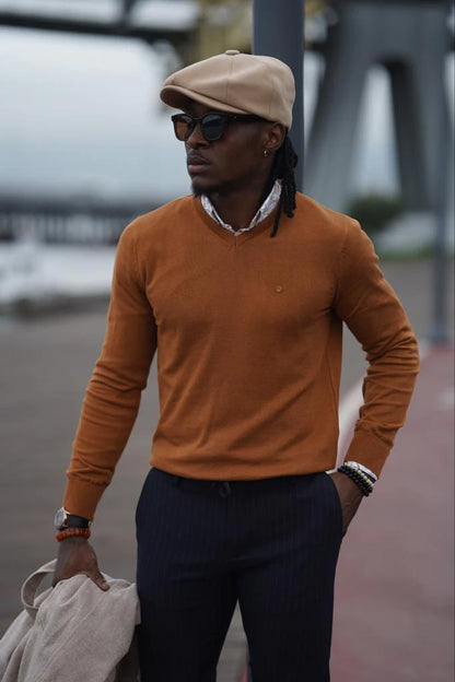 Stefano Slim Fit Custom Design Camel V-Neck Sweater