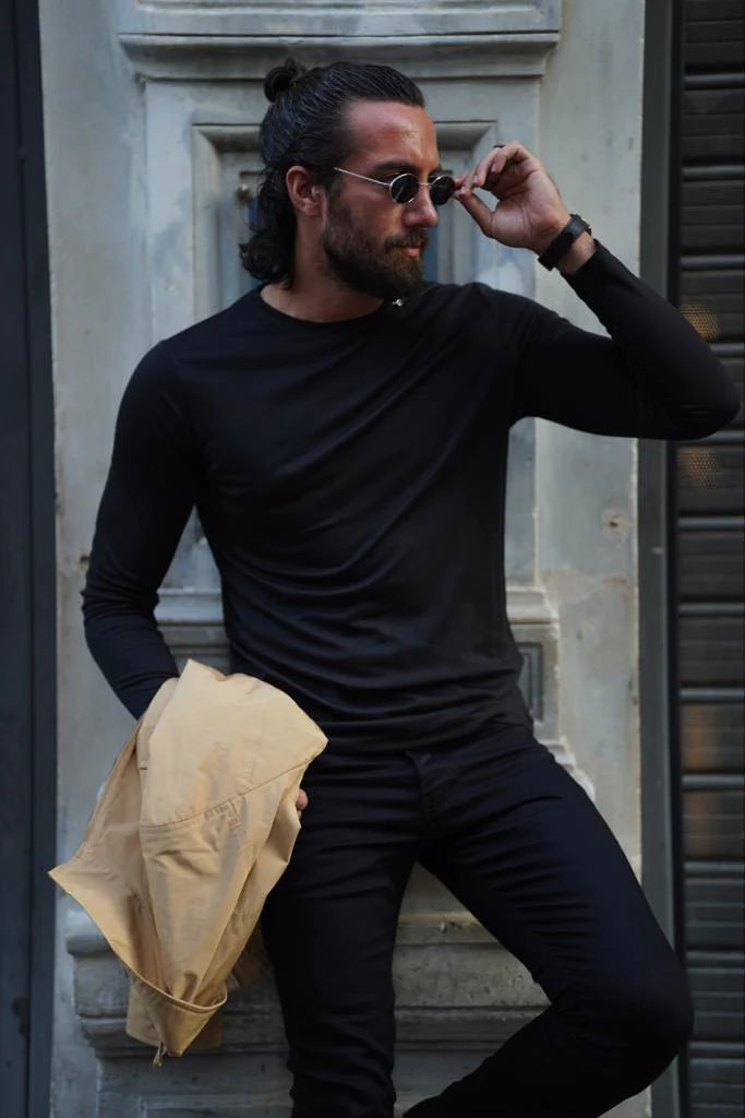 Stefano Slim Fit Custom Design Round Neck Black Sweater