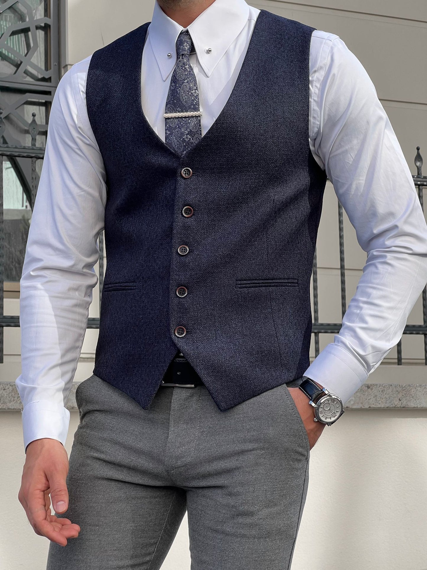 Stefano Slim Fit Navy Blue Woolen Vest - Perfect for Any Occasion