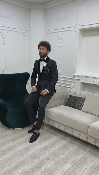 Edmond Black Slim Fit Velvet Peak Lapel Tuxedo