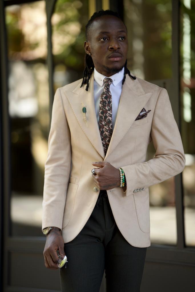 Amber Beige Slim Fit Peak Lapel Blazer: Elevate Your Wardrobe