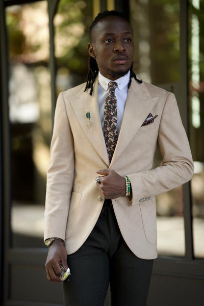 Amber Beige Slim Fit Peak Lapel Blazer: Elevate Your Wardrobe