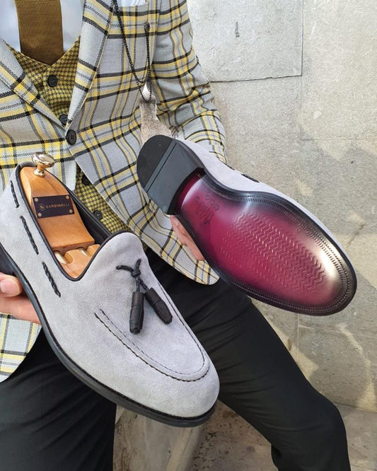 Bellingham Gray Slim Fit Suede Tassel Loafer