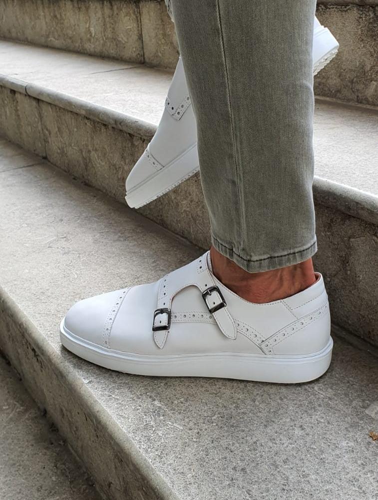 Custer White Monk Strap Cap Toe Shoes - Elegant Men's Footwear