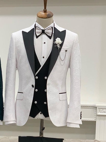 Caesar White Slim Fit Peak Lapel Floral Patterned Tuxedo