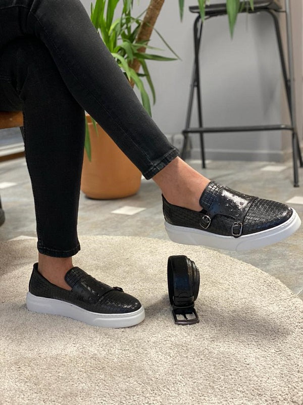 Toros Black Woven Leather Monk Strap Loafers