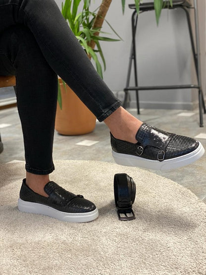 Toros Black Woven Leather Monk Strap Loafers