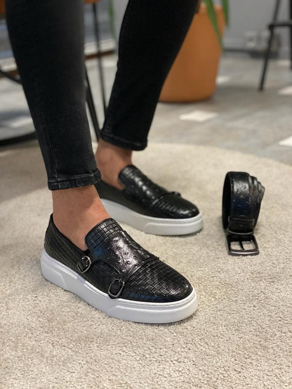 Toros Black Woven Leather Monk Strap Loafers