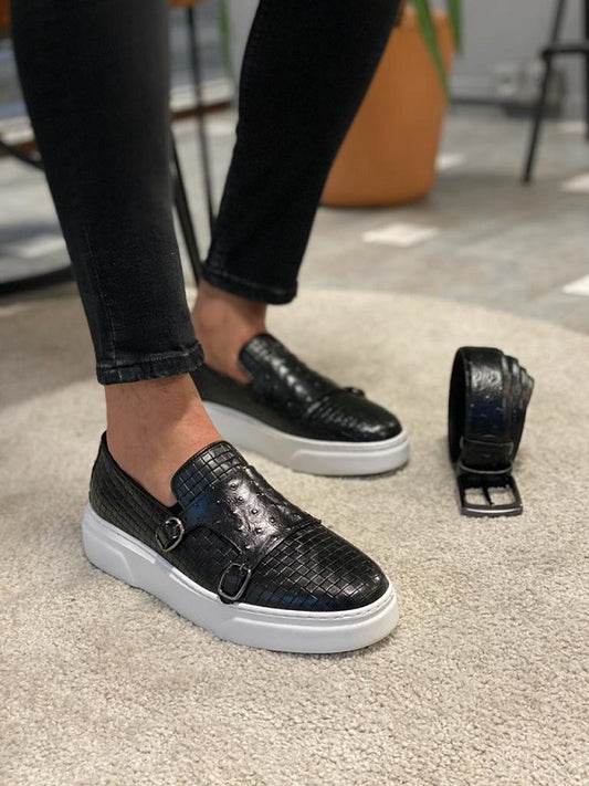 Toros Black Woven Leather Monk Strap Loafers