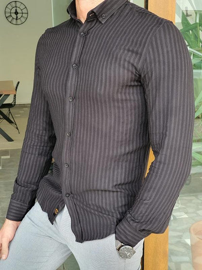 Brabion Mantova Black Slim Fit Long Sleeve Striped Cotton Shirt