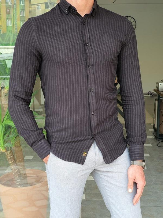 Brabion Mantova Black Slim Fit Long Sleeve Striped Cotton Shirt