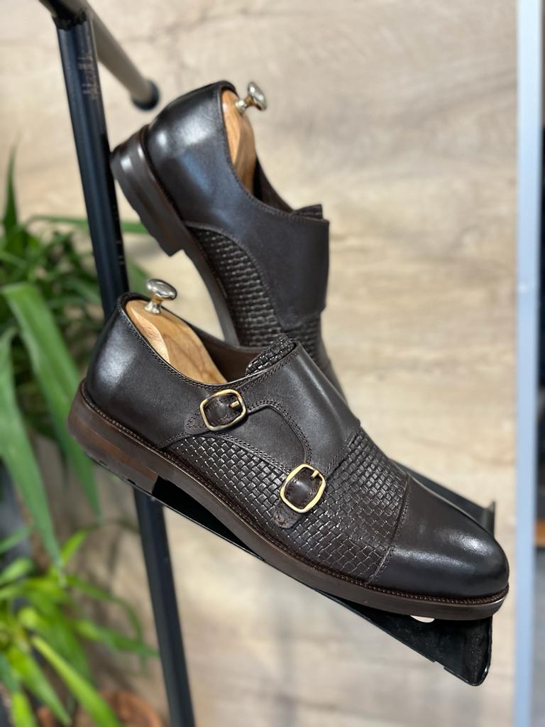 Ely Brown Cap Toe Double Monk Strap Shoes