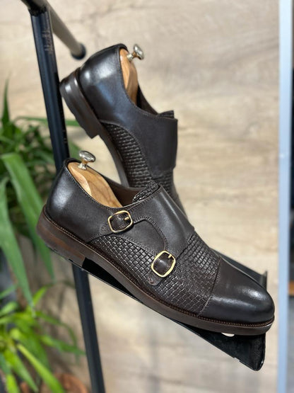Ely Brown Cap Toe Double Monk Strap Shoes