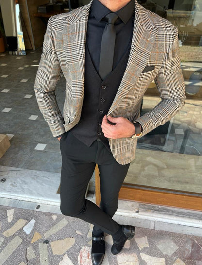 Empire Beige Slim Fit Plaid Blazer