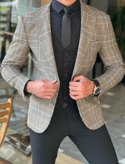 Empire Beige Slim Fit Plaid Blazer