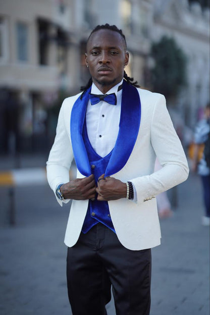 Empire Blue & White Slim Fit Velvet Shawl Lapel Wool Tuxedo