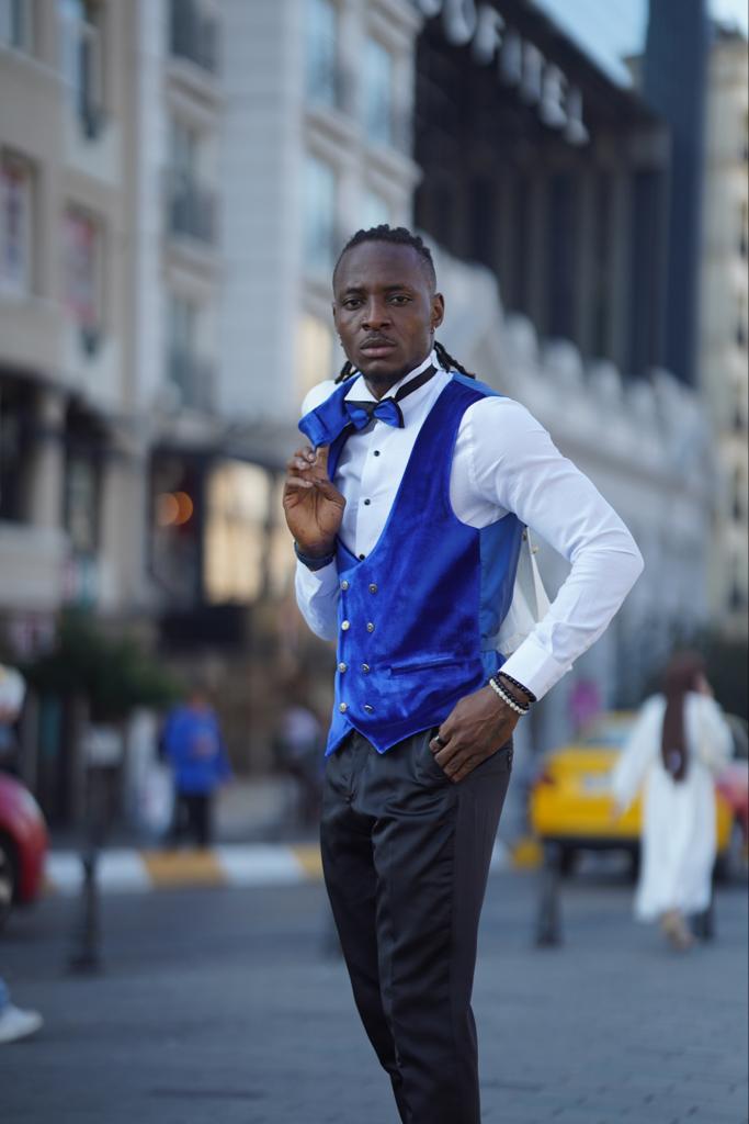 Empire Blue & White Slim Fit Velvet Shawl Lapel Wool Tuxedo