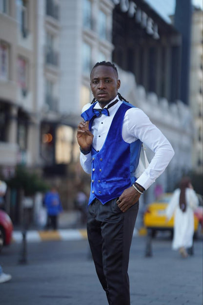 Empire Blue & White Slim Fit Velvet Shawl Lapel Wool Tuxedo