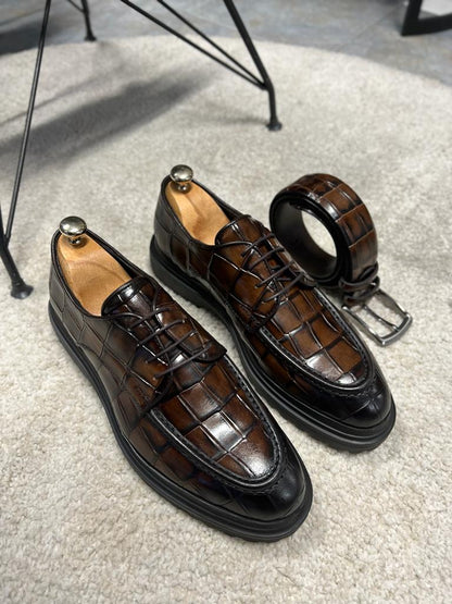 Empire Brown Crocodile Pattern Derby Shoes for Distinguished Men