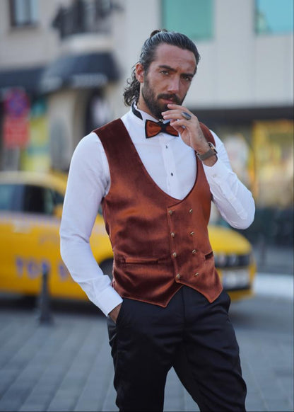 Empire Brown & White Slim Fit Velvet Shawl Lapel Wool Tuxedo