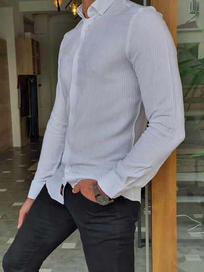 Brabion Mantova White Slim Fit Long Sleeve Striped Cotton Shirt