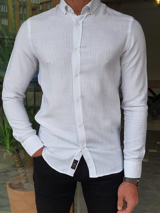 Brabion Mantova White Slim Fit Long Sleeve Striped Cotton Shirt