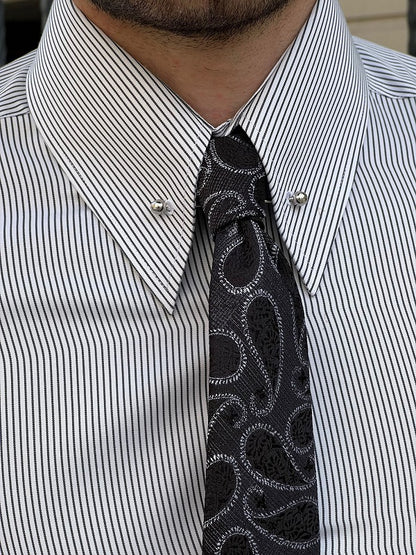 Brabion Berton Black Slim Fit Long Sleeve Pinstripe Dress Shirt