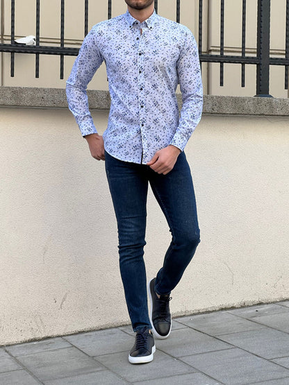 Brabion Tampa Blue Slim Fit Long Sleeve Floral Shirt