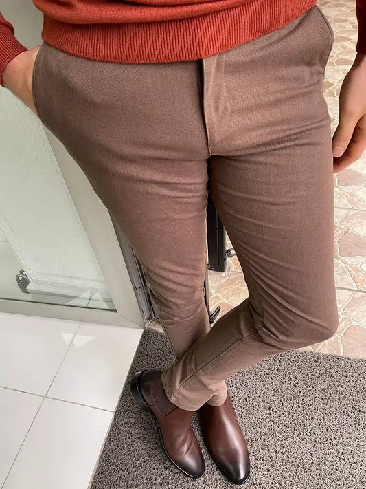 Hazel Brown Slim Fit Cotton Lycra Pants - BRABION