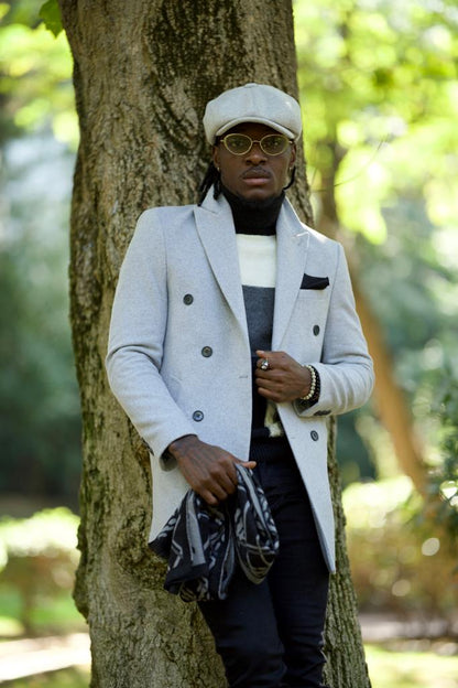 Caesar Slim Fit Double Breasted Grey Wool Cachet Coat